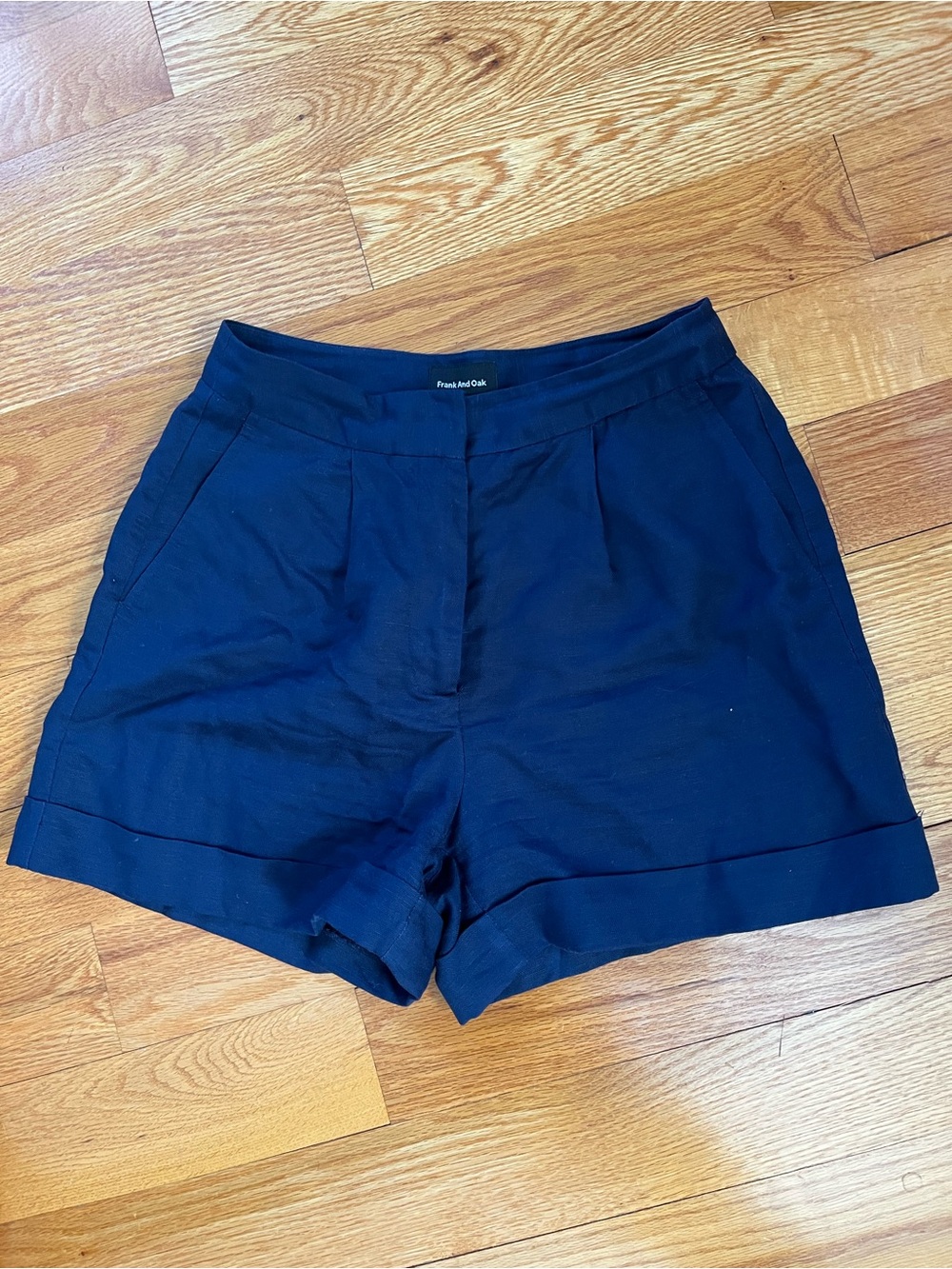 Frank & Oak Navy High-Waist Pleated Cuffed Shorts
